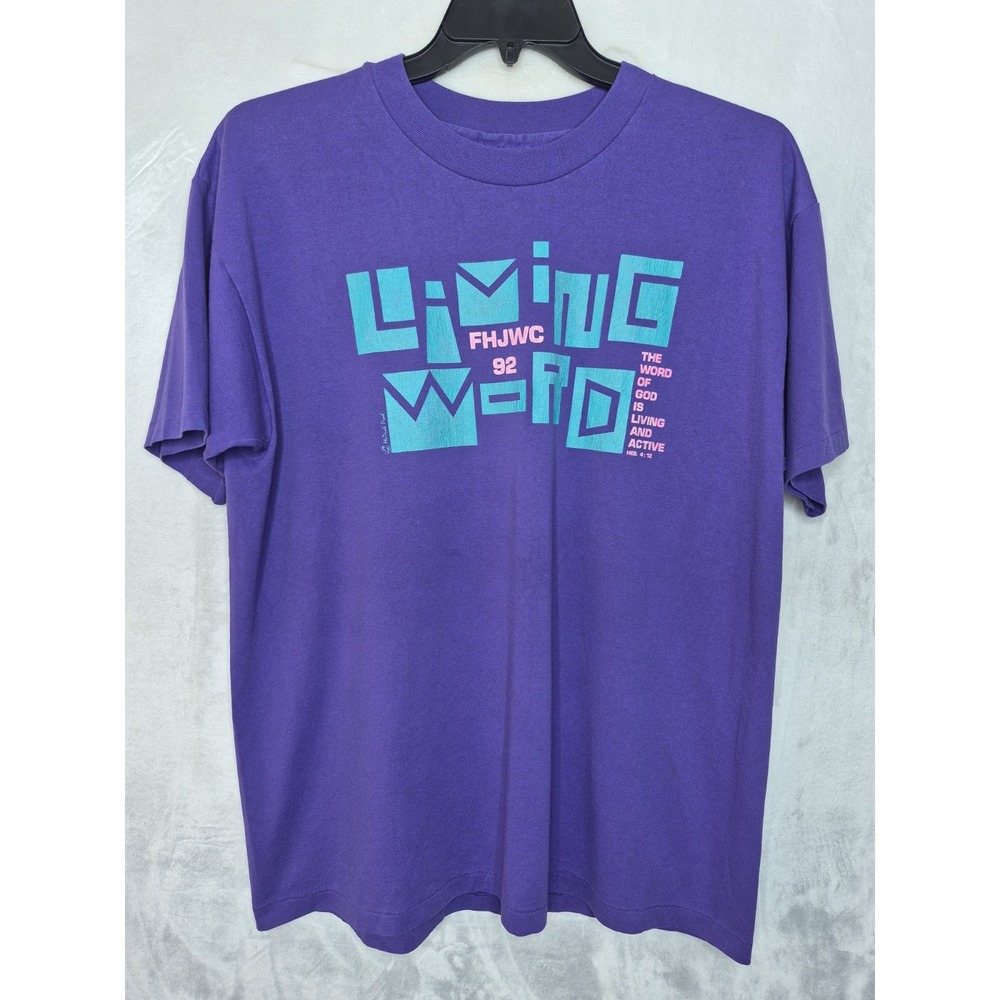 Vintage In Living Word Christian T Shirt Mens XL Purple Single Stitch 90s 23x29